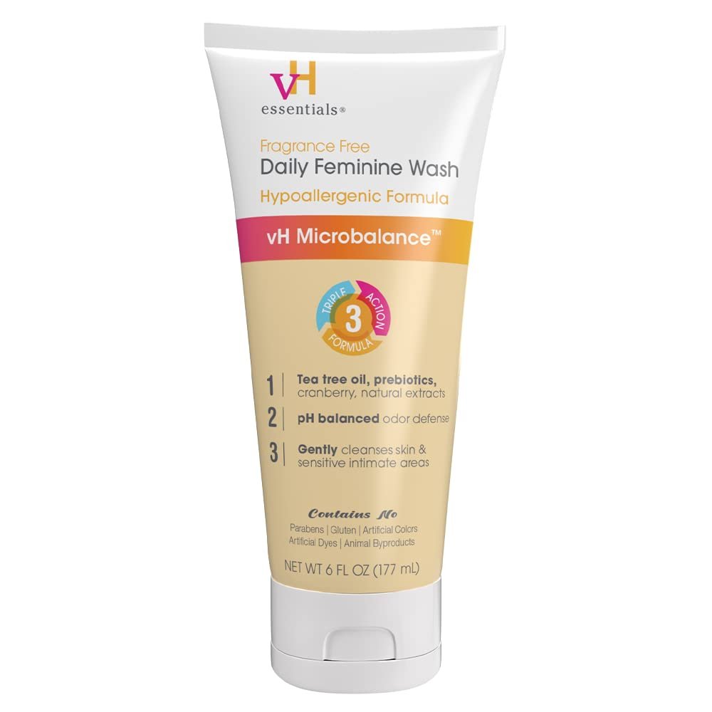 vH Essentials Daily Feminine Wash – 6 Fl Oz – Fragrance-Free, Odor Eliminating Body & Vaginal Wash with Tea Tree Oil, Prebiotics and Lactic Acid for pH Balance, Odor Defense and Vaginal Health