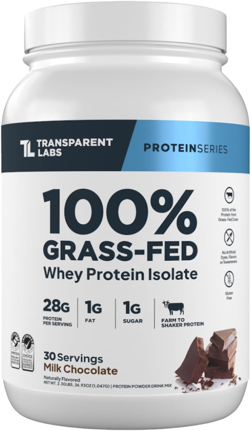 Transparent Labs Grass-Fed Whey Protein Isolate – Naturally Flavored, Gluten Free Whey Protein Powder with 28g of Protein per Serving & 9 Amino Acids – 30 Servings, Milk Chocolate