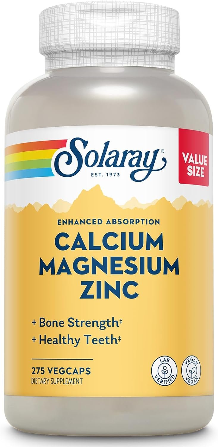 SOLARAY Calcium Magnesium Zinc Supplement – with Calcium 1000mg, Magnesium 500mg – Bone Health, Muscle Function, Heart Health and Immune Support – Vegan, 60 Day Guarantee, 68 Servings, 275 VegCaps