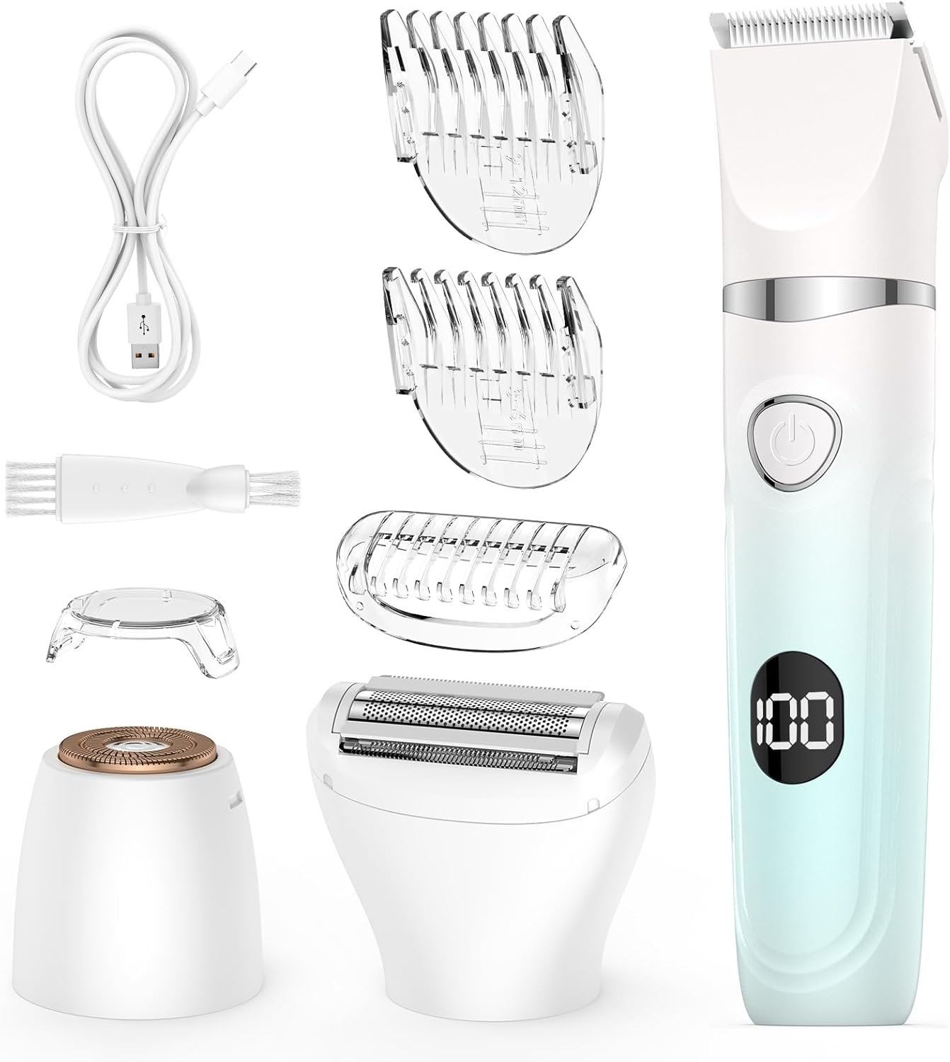 Bikini Trimmer for Women,3-in-1 Electric Shaver for Women,Rechargeable Painless Pubic&Facial Razor for Sensitive Skin,Lip,Arms,Legs with LED Display (Gradient Green)