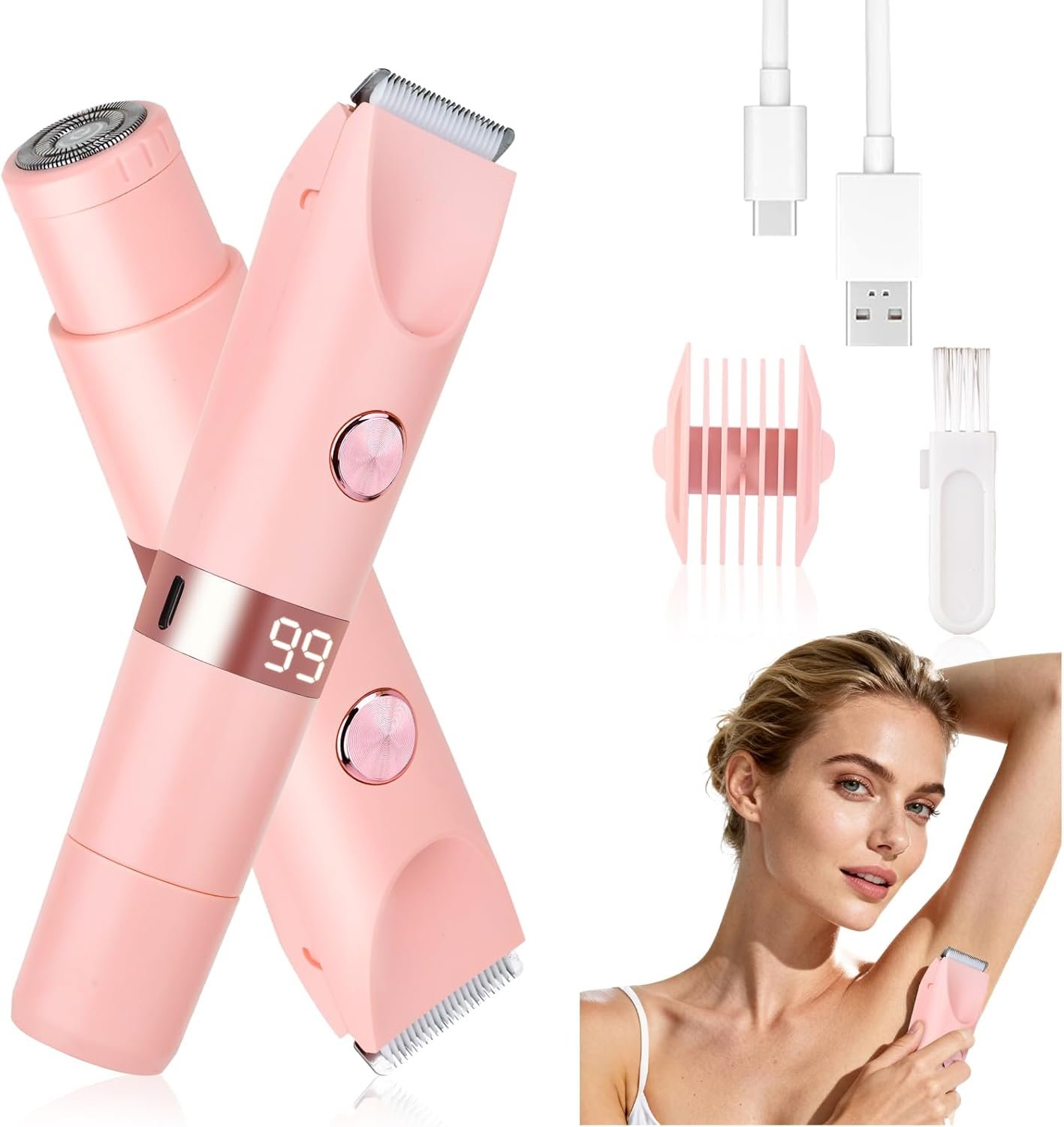 Wet & Dry Electric Razor for Women Men,4 in 1 Rechargeable Led Display Electric Shaver and Facial Hair Remover,Painless Ladies Body Razors for Nose Face Body Leg Bikini Arm Hair (Rose)