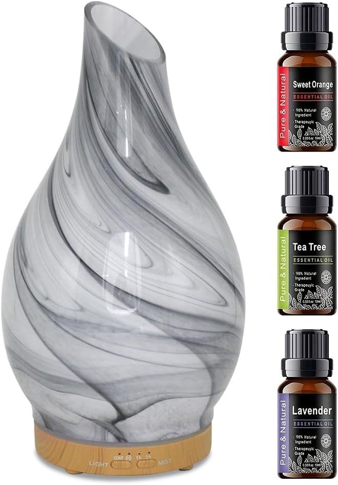 Glass Essential Oil Diffuser with 3 Aromatherapy Oils,200ml Small Humidifier with Timer,7 LED Color Lights for Office Home Room Decor Gifts for Women