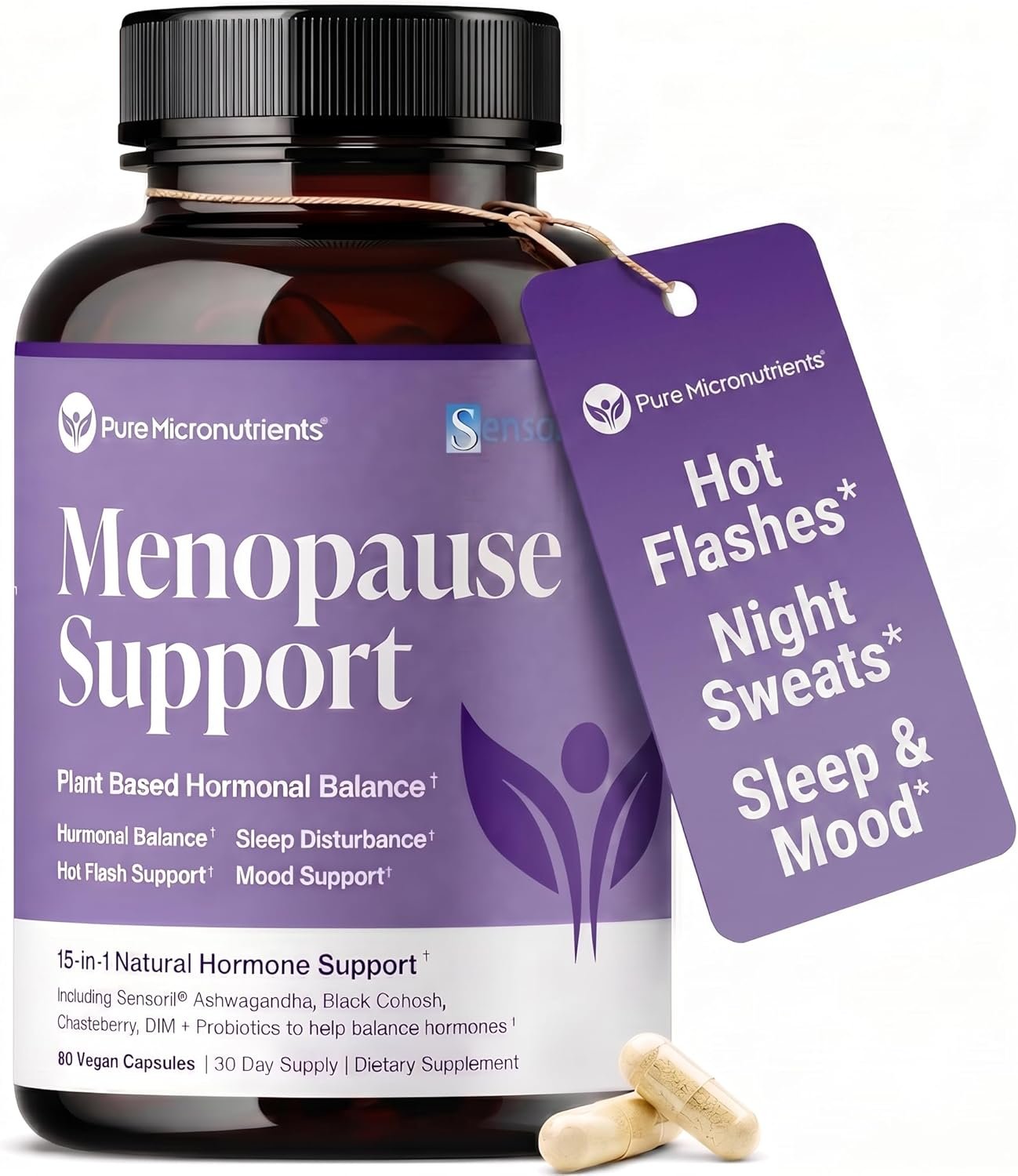 Menopause Supplements for Women – Natural Hormone Balance – Hot Flashes, Night Sweats, Sleep & Mood Support. with Sensoril® Ashwagandha, DIM, Chaste Berry & Black Cohosh Root – 60 Count