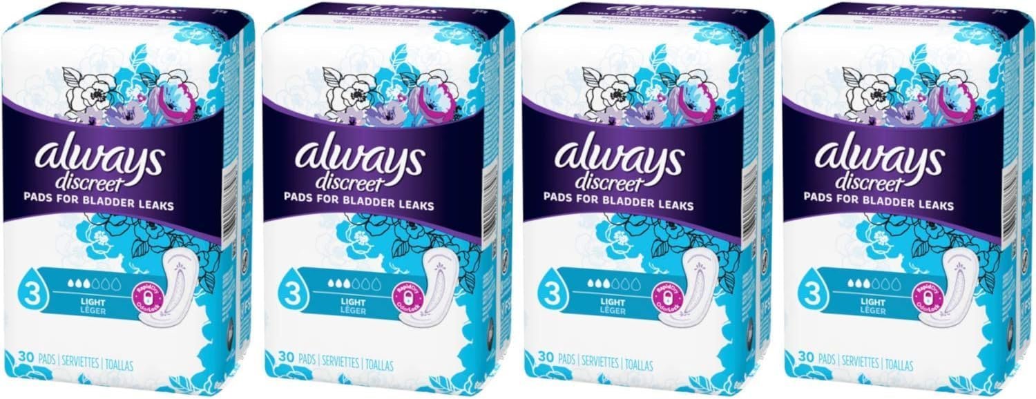 Always Discreet, Incontinence Light Pads, 3 Drops, 30 Pads each (Value Pack of 4)