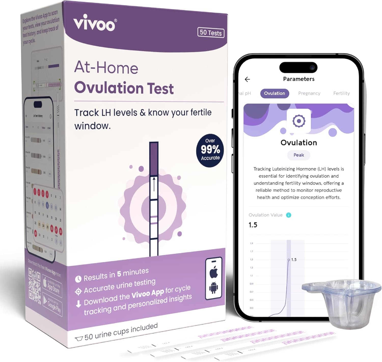 Vivoo Ovulation Test Kit with App Support – 50 LH Strips, Track & Predict Ovulation, 5-Min Results, Accurate Fertility Tracker for Women