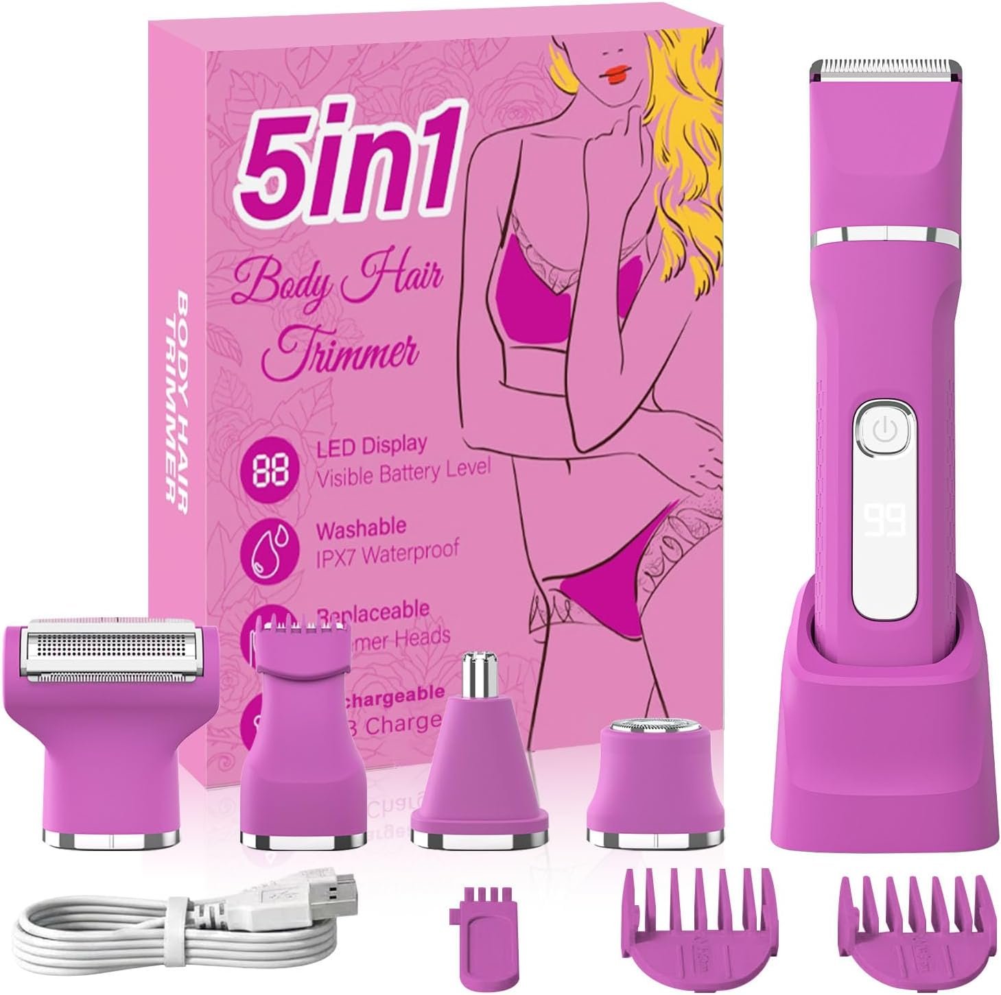 Bikini Trimmer for Women,Electric Shaver for Women, IPX7 Waterproof Razor Shaver,Women’s Electric Razor,Intimate Shaver for Women,with 5 Blades,USB-C Rechargeable,Recharge Dock（Rose Pink）