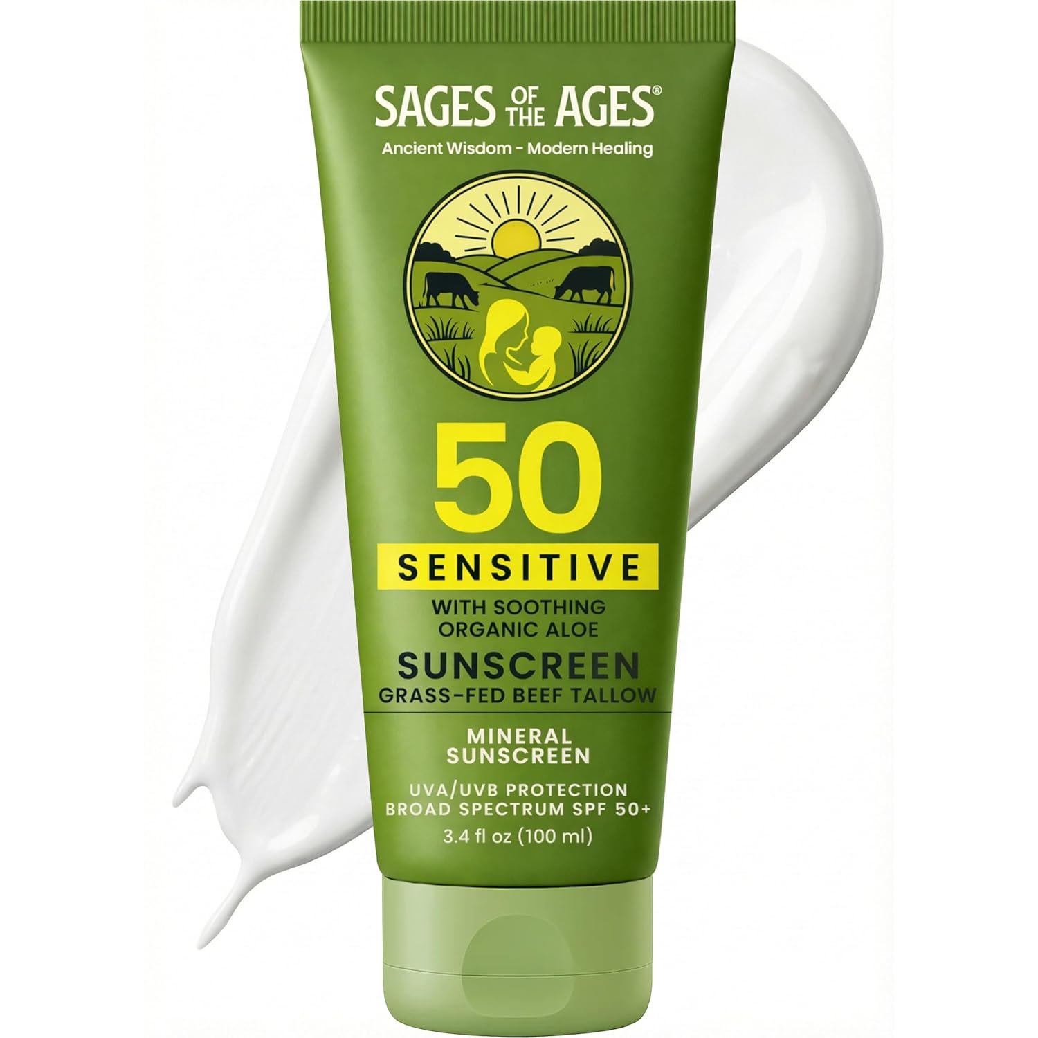 Grass-Fed Tallow Mineral Sunscreen SPF 50 — No White Cast, Non-Nano Zinc Oxide, Reef Safe UVA/UVB, Water Resistant 80 Min, Moisturizing & Soothing with Aloe Vera, Face & Body, 3.4 oz