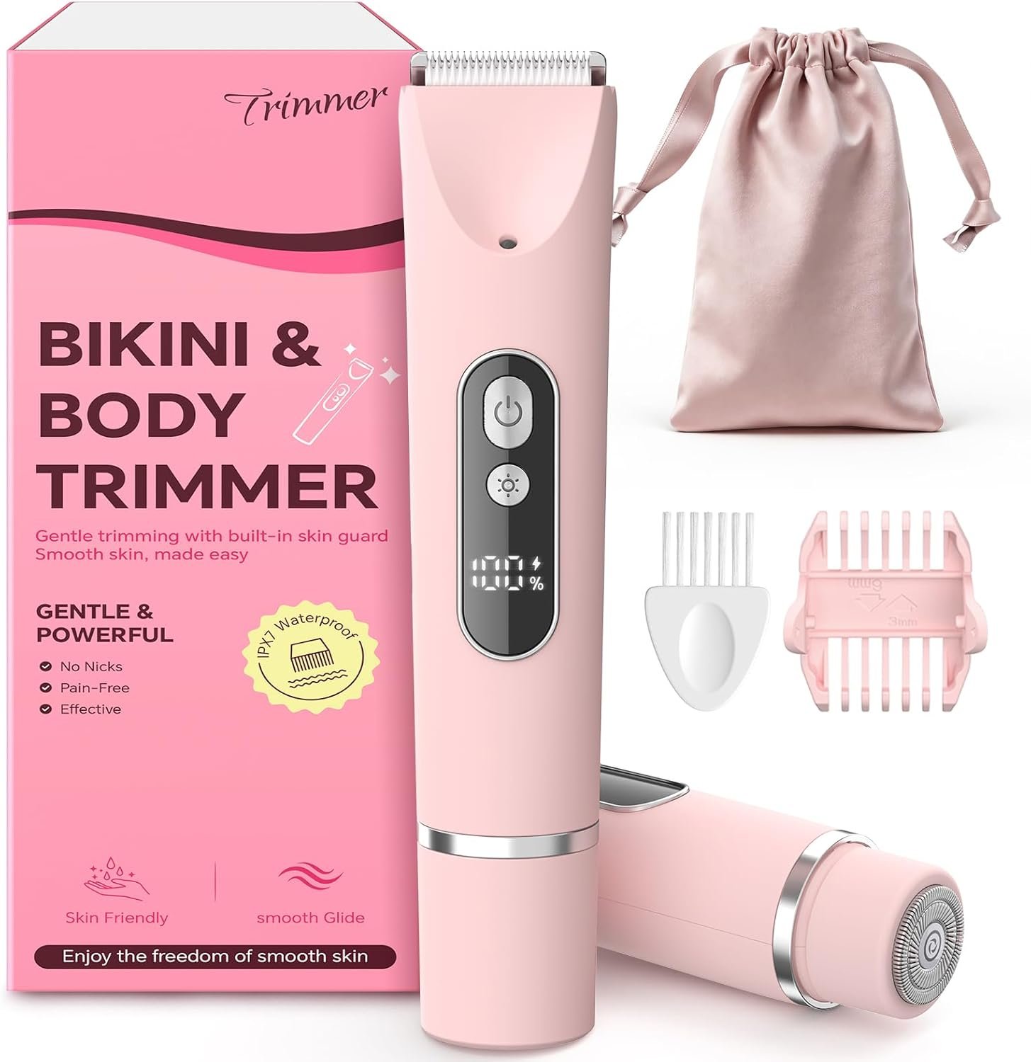 Bikini Trimmer for Women, Smooth Electric Razor for Sensitive Skin, IPX7 Waterproof Wet & Dry Cordless Body Shaver for Bikini Area, Pubic Hair, Face, Underarms & Legs (Rose Pink)