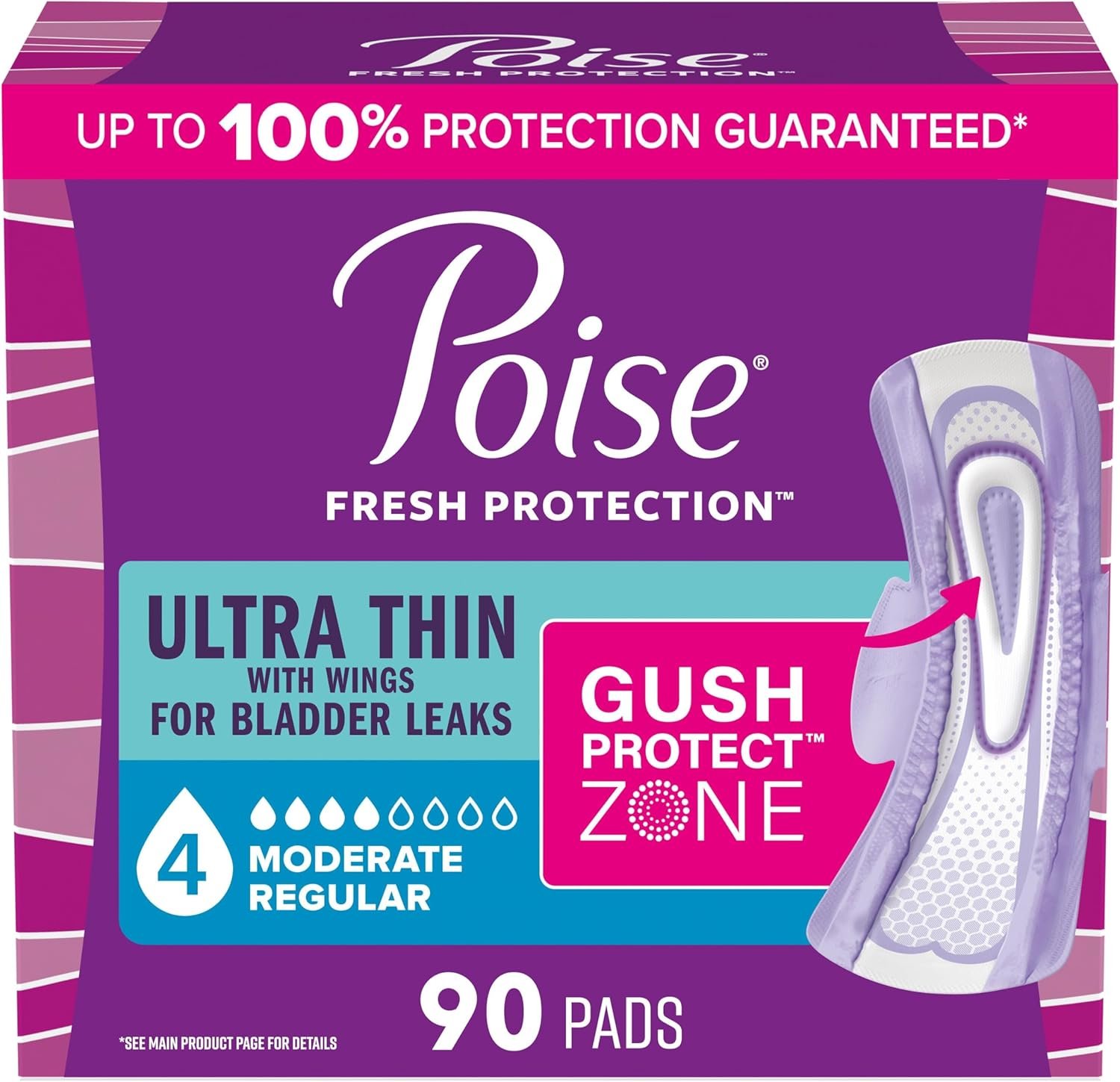 Poise Ultra Thin Incontinence & Postpartum Pads with Wings for Bladder Leaks, 4 Drop Moderate Absorbency, Regular Length, 90 Count (Packaging May Vary)