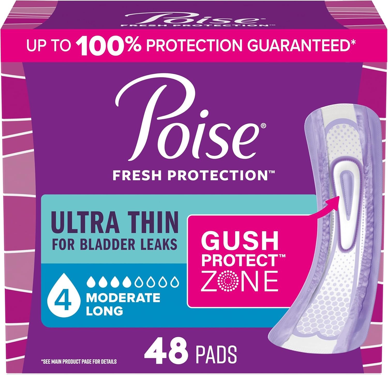 Poise Ultra Thin Incontinence & Postpartum Pads for Bladder Leaks, 4 Drop Moderate Absorbency, Long Length, 48 Count (Packaging May Vary)