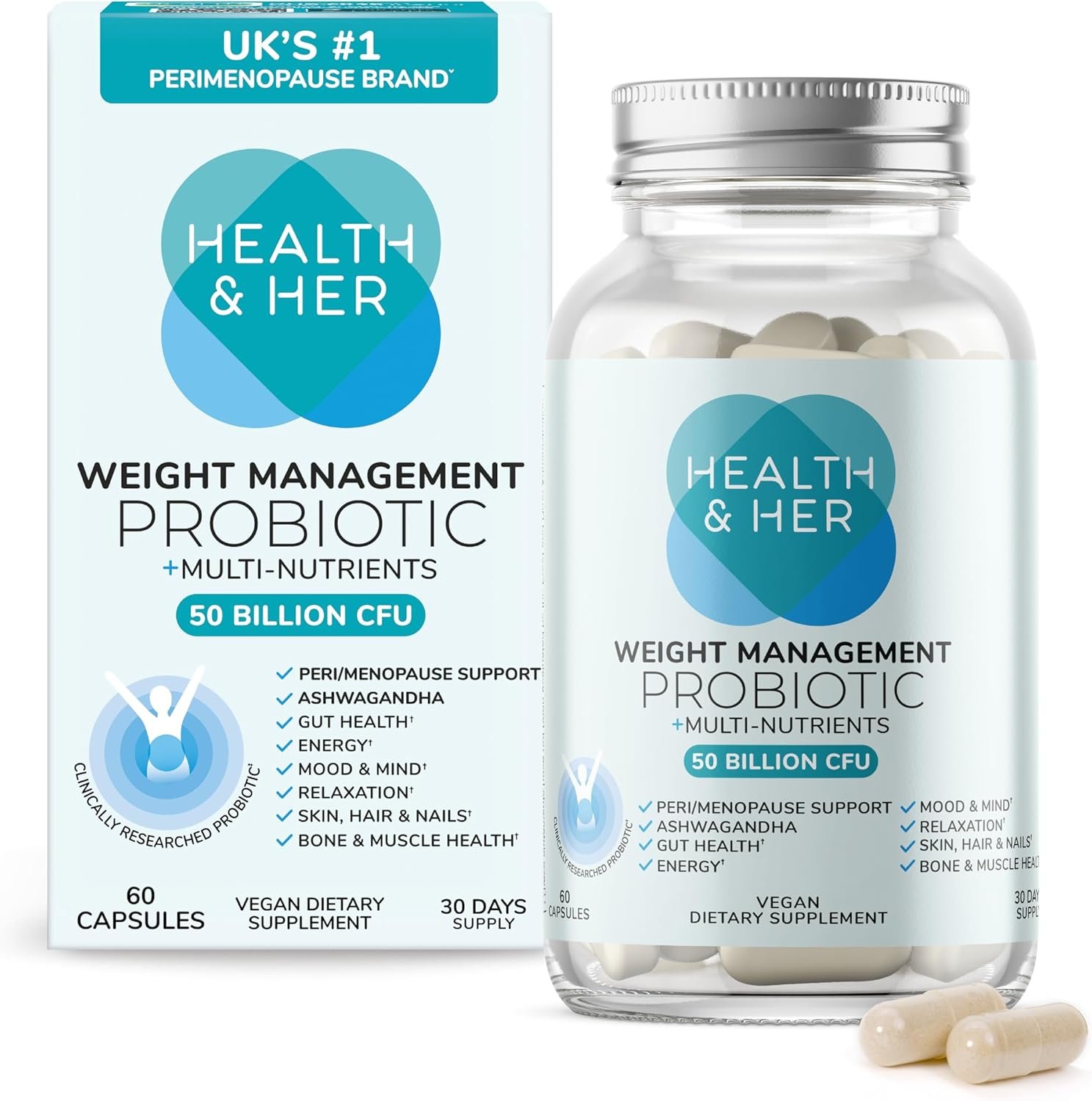 Health & Her Weight Management Probiotics for Women – Perimenopause & Menopause Supplement – Clinically Studied 50bn CFU Probiotics to Support Gut Health, Energy, Mood & Mind, Vegan (60 ct – 1 Month)