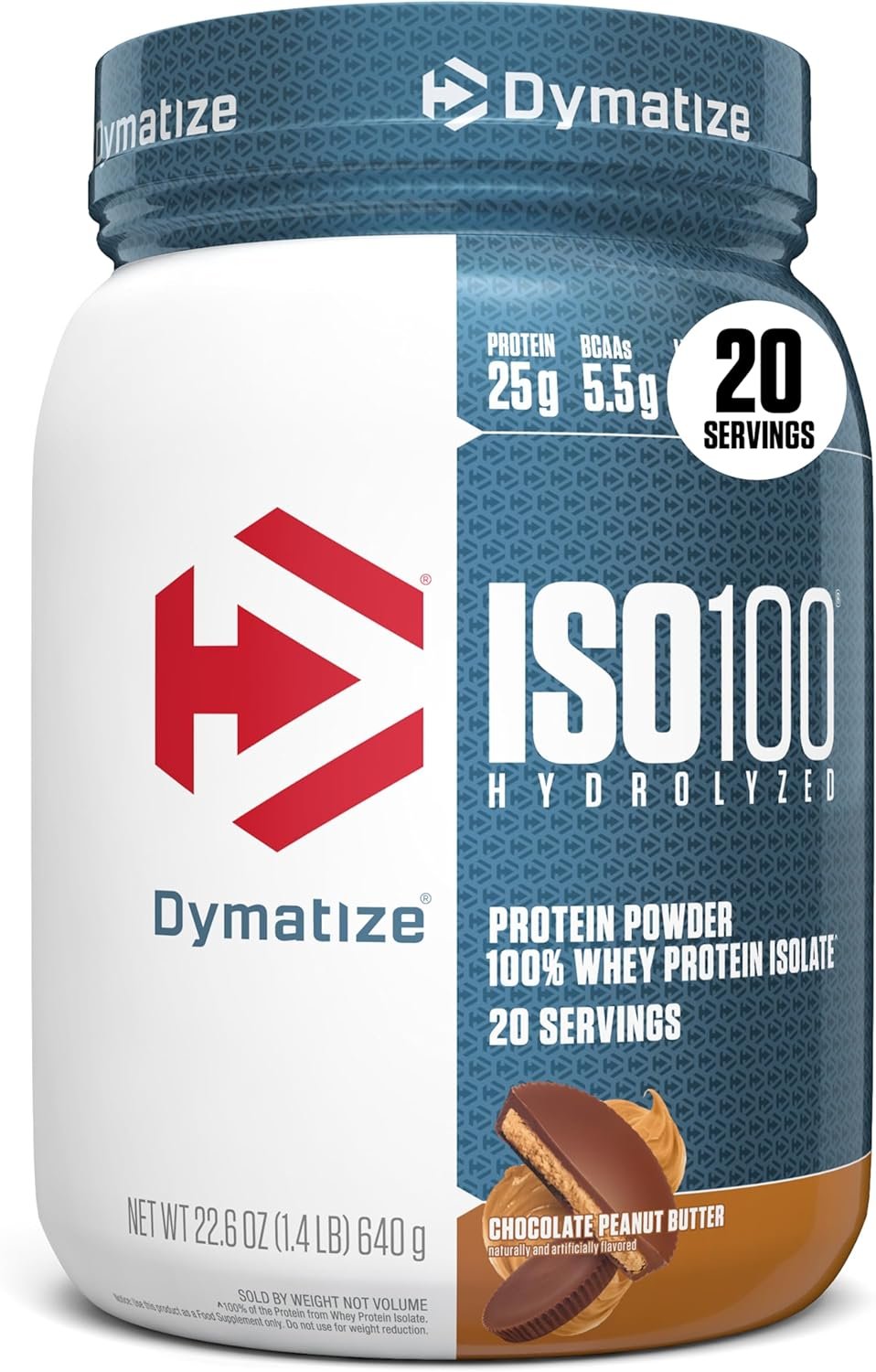 Dymatize ISO100 Whey Protein Powder Isolate, Chocolate Peanut Butter, 25g of Protein, 20 Servings, 5.5g BCAAs, Less Than 120 Cal., Gluten Free, 1g Fat, 1g Sugar, 2g Carb