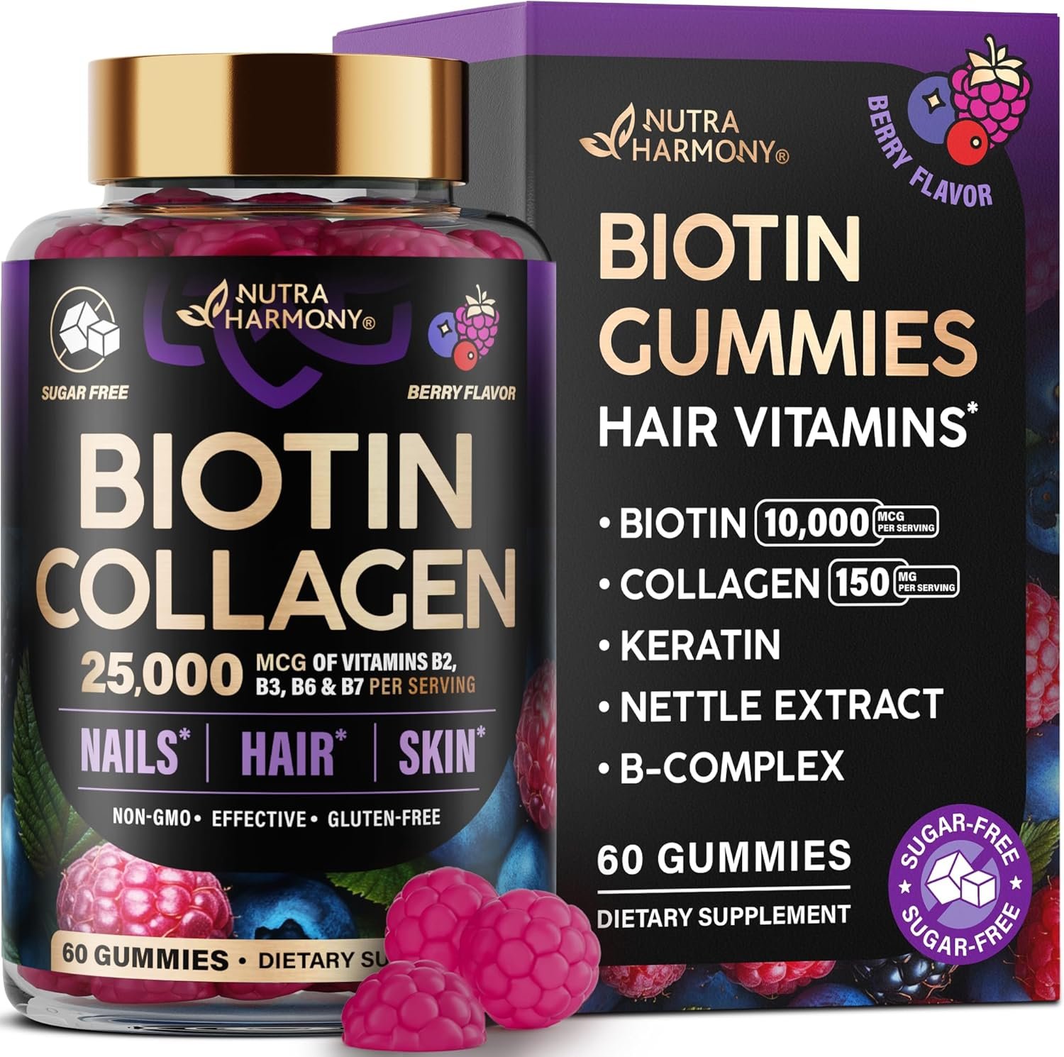 Biotin Gummies with Collagen – Hair Growth Support, Skin, & Nail Strength – for Women & Men – Biotin 10000mcg | Keratin | Hyaluronic Acid | B-Complex | Nettle – Sugar-Free, Mixed Berry – 60 Gummies