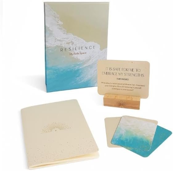Resilience Journal Prompt Cards for Anxiety & Stress Relief – 55 Nervous System-Safe Affirmations + Guided Prompts by a Nervous System Educator | Lined Journal & Wooden Stand Included | Mindfulness & Emotional Wellbeing Gift Set