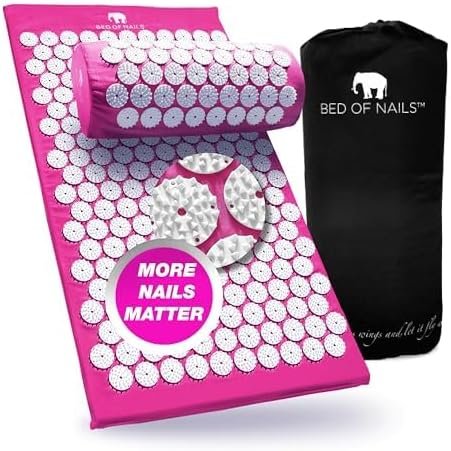 Bed of Nails Mat and Pillow Set – Original Bon Acupressure Design with 10962 Precision Nails, Mat: 28.5 x 16.5 x 1″, Pillow: 14.5 x 6 x 4″, Pink