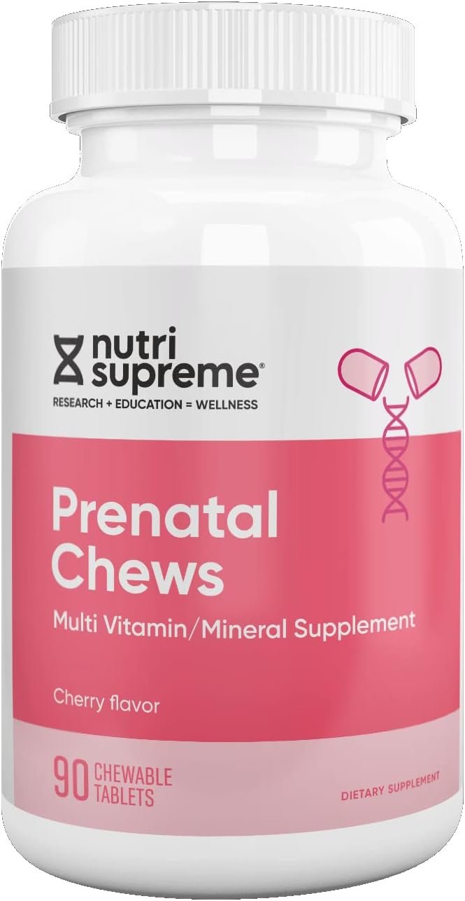 Nutri Supreme Prenatal Vitamin, Chewable Prenatal Vitamins for Women with 800 MCG of Folate, Complete Pregnancy Multivitamin with Iron, Kosher, Cherry Flavor, 90 Count