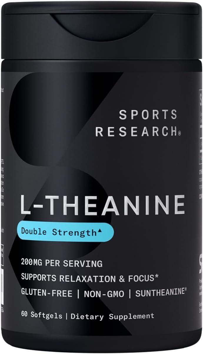 Sports Research Double Strength L-Theanine Supplement – Suntheanine Softgels for Focus, Relaxation & Alertness – Non-Drowsy Support Made with Coconut Oil, Non-GMO & Gluten Free – 200mg, 60 Count