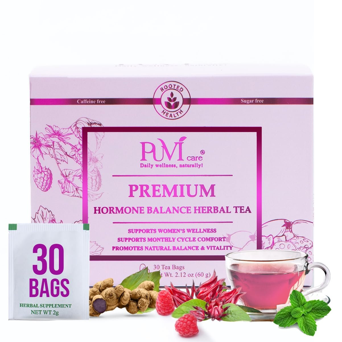 Hormone Balance Tea for Women – Raspberry Leaf, Dioscorea Persimilis, Hibiscus Tea Organic, Black Ginger for Menstrual Healthy Cycle Support, PMS & PCOS Support, Postpartum Recovery,30 Herbal Tea Bag