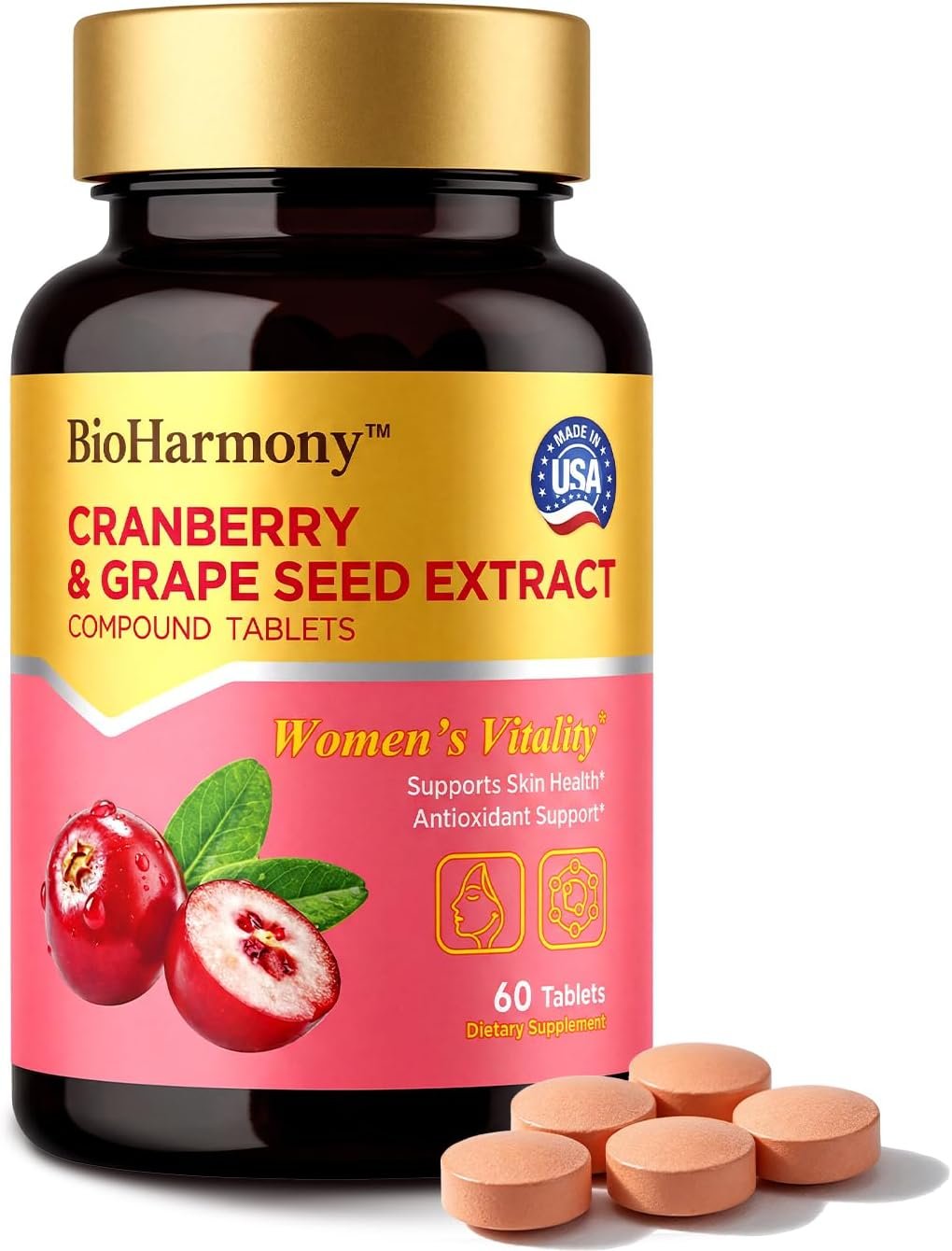 BioHarmony Cranberry Supplement for Women with Grape Seed Extract – Supports Feminine Wellness, Skin Health &Urinary Tract Health – 720mg Cranberry 696mg Grape Seed – 60 Tablets