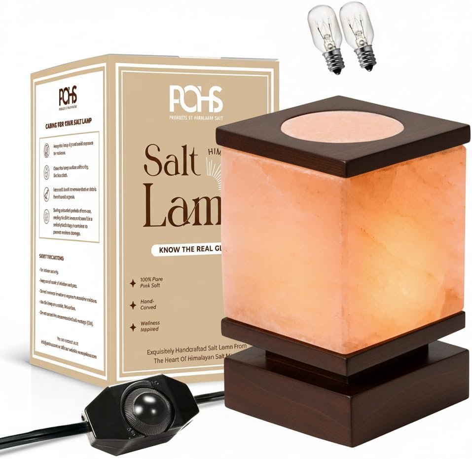 POHS 100% Authentic Cube Shape Himalayan Pink Salt Lamp with Brown Wooden Base, Dimmer Switch Cord and Two Bulbs, Night Light for Home and Office Table and Desk, Gift and Decor