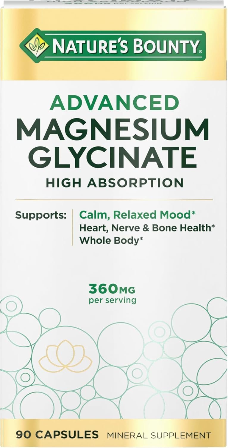 Nature’s Bounty Calm Magnesium Glycinate Supplement – High Absorption Magnesium for Relaxed Mood, Heart & Bone Health, 90 Capsules