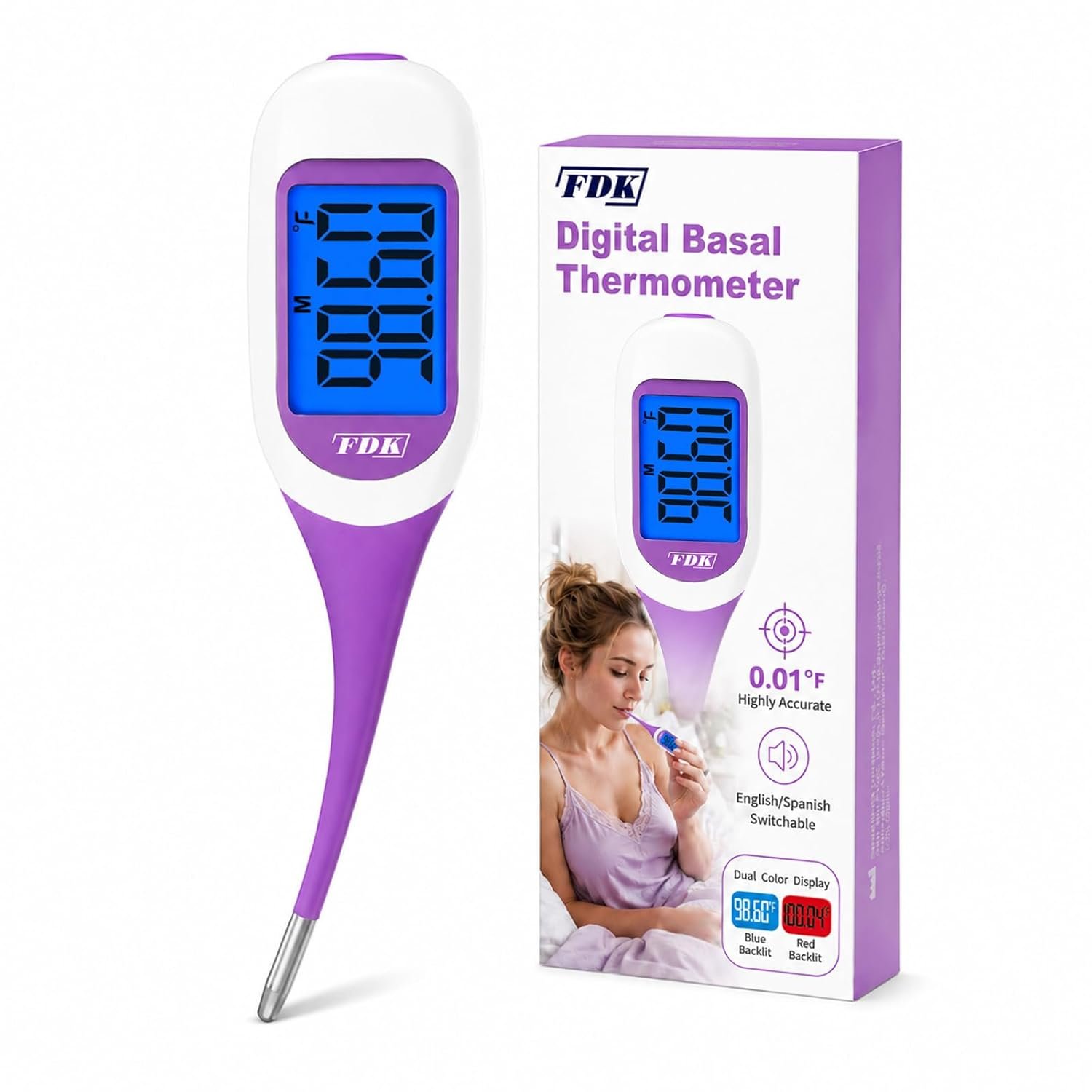 FDK Basal Body Thermometer for Ovulation, 1/100th Degree High Precision Fertility Thermometer Accurate BBT Thermometer Digital Backlit Display Memory Recall for Women Natural Tracking Fast Reading