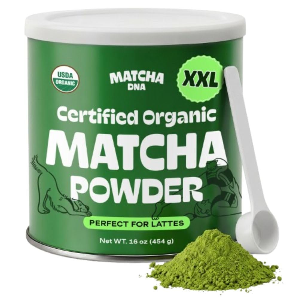 Matcha DNA Organic Matcha Powder – XXL 16oz TIN – Matcha Green Tea – USDA Organic Gluten-Free Vegan, Unsweetened No Additives – Everyday Green Macha Powder Tea for Lattes, Smoothies, Baking & Recipes