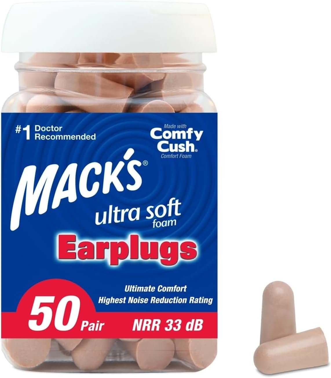 Mack’s Ultra Soft Foam Earplugs, 50 Pair – 33dB Highest NRR, Comfortable Ear Plugs for Sleeping, Snoring, Travel, Concerts, Studying, Loud Noise, Work | Made in USA