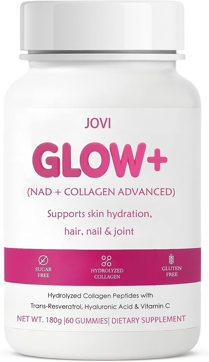 Jovi Nutrition Glow+ NAD+ Hydrolyzed Collagen Advanced Gummies – Advanced Absorption Multi-Type Peptides with Resveratrol, Hyaluronic Acid, Vitamin C & E, Skin, Hair & Nail Support