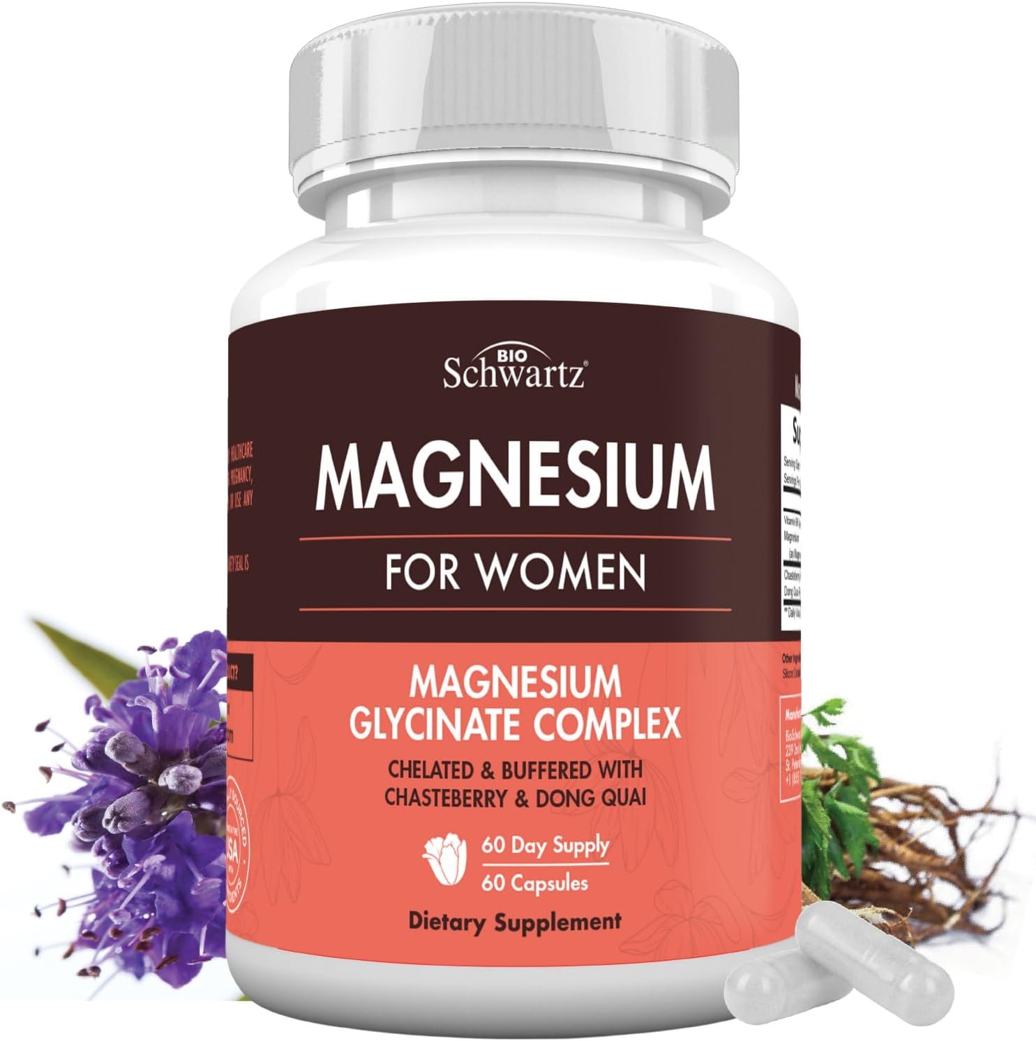 4-in-1 Magnesium Complex for Women – Magnesium Glycinate Supplement for Women with Chasteberry, Dong Quai & Vitamin B6 for Stress Relief, Better Sleep, Nerve, Bone & Muscle Support, 60 Capsules
