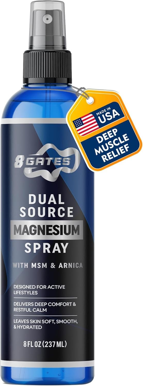 8 Gates Dual Source Magnesium Oil Spray for Pain Relief with MSM & Arnica – Magnesium Spray for Pain, Leg Cramps, Sore Muscles & Feet – Dead Sea Magnesium Chloride, Epsom Salt & Panthenol – 8 oz