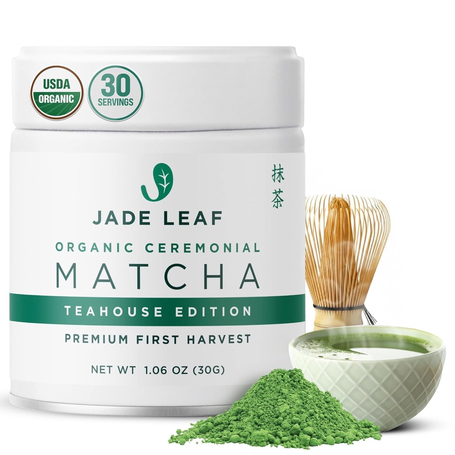 Jade Leaf Matcha Organic Ceremonial Grade Matcha Green Tea Powder – 100% Pure Japanese First Harvest Green Tea for Ceremonies, Usucha, Lattes 30g / 1.06 Ounce Tin (Pack of 1)