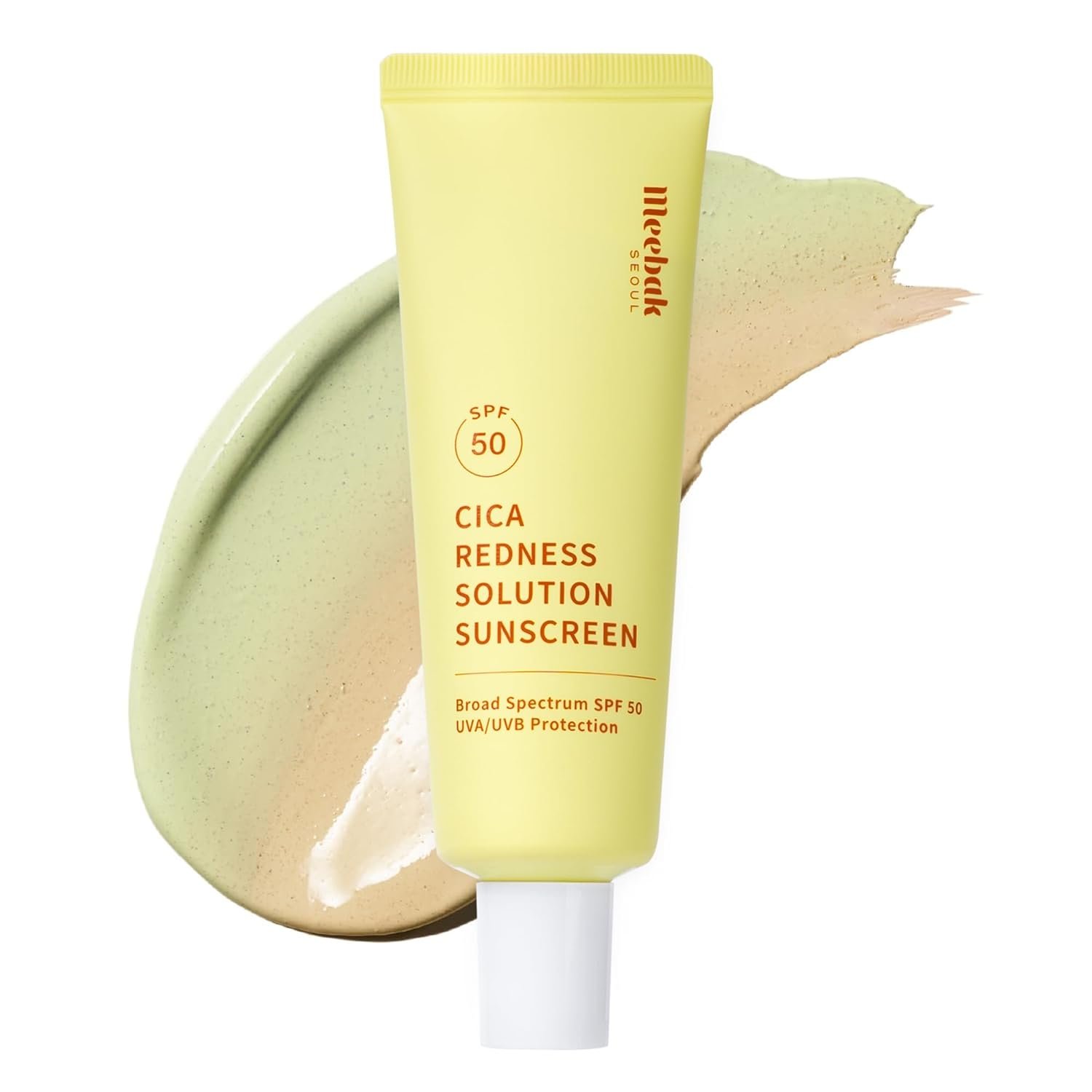 Meebak Cica Redness Solution Sunscreen – Color Corrector SPF 50, Green to Beige CC Cream with Centella and Ceramide – Redness Reducing Skincare for Fair-to-Medium Skin Tones – Korean Sunscreen