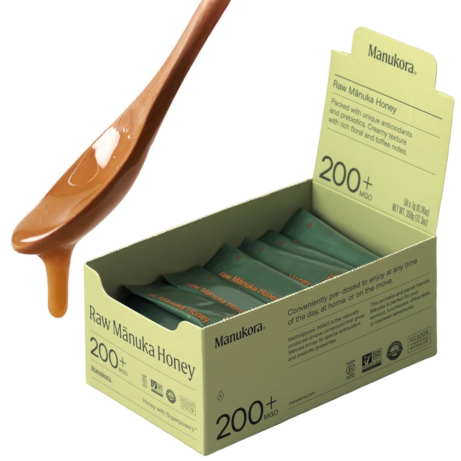 Manukora Raw Manuka Honey Sticks MGO 200+, New Zealand Honey, Superfood, 2000+ Natural Compounds, Non-GMO, 3rd-Party Tested, Glyphosate Residue Free, Traceable Hive-to-Hand, Immune and Energy Support, 7 Fl Oz, 50 Pack