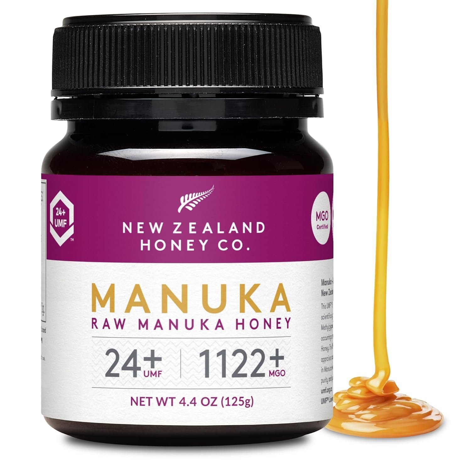 New Zealand Honey Co. Raw Manuka Honey UMF 24+ MGO 1122+ – 4.4oz Starter Size – Authentic New Zealand Sourced – Monofloral UMF Certified – 125g