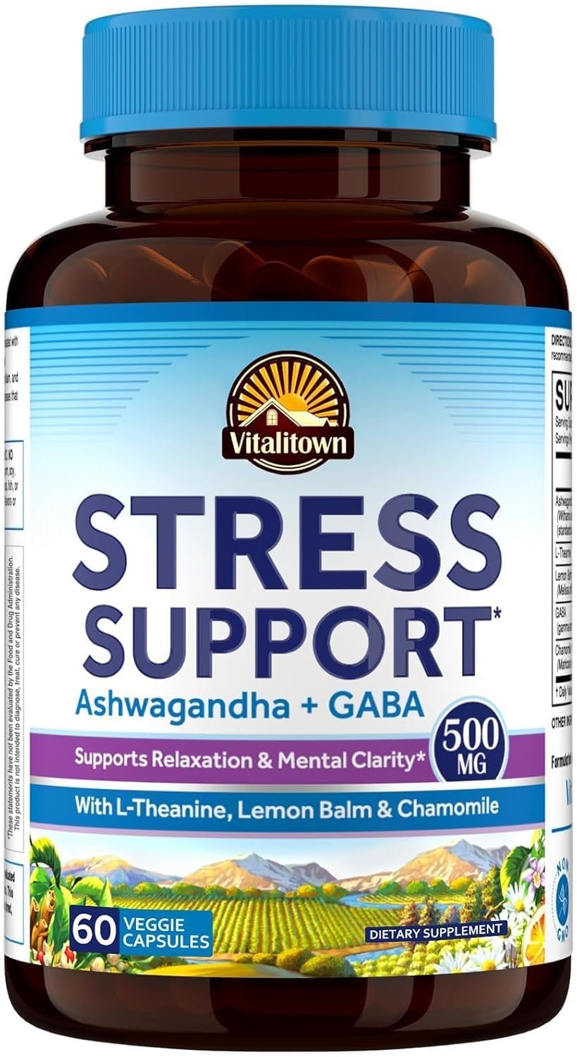 Vitalitown Stress Support Supplement, Calming Blend of Ashwagandha, GABA, L-Theanine, Lemon Balm, Natural Cortisol Response, Ease Stress & Tension, Promote Relaxation & Mental Focus, 60 Vegan Caps