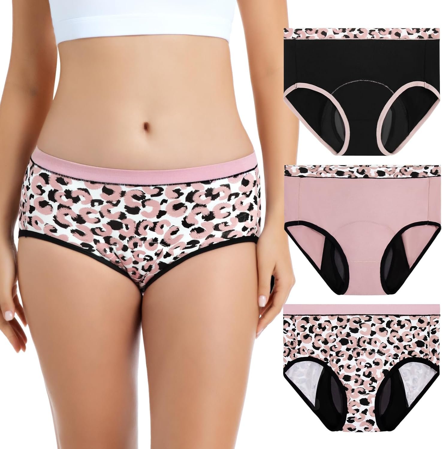 CARER High-Waisted Incontinence Underwear for Women 3-Pack, 150ml Absorbency for Moderate to Heavy Leaks, 5-Layer Protection, Soft & Breathable, Machine Washable & Reusable, Black/Pink/Leopard,X-Large