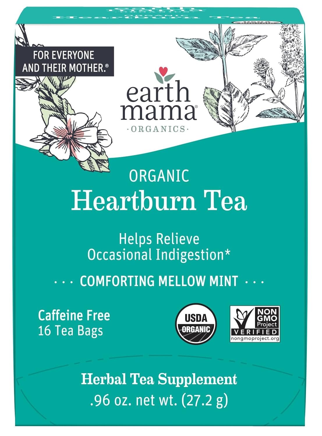 Earth Mama Organic Heartburn Tea | Pregnancy-Safe Soothing Herbal Blend with Marshmallow Root, Lemon Balm & Chamomile, 16 Teabags Per Box