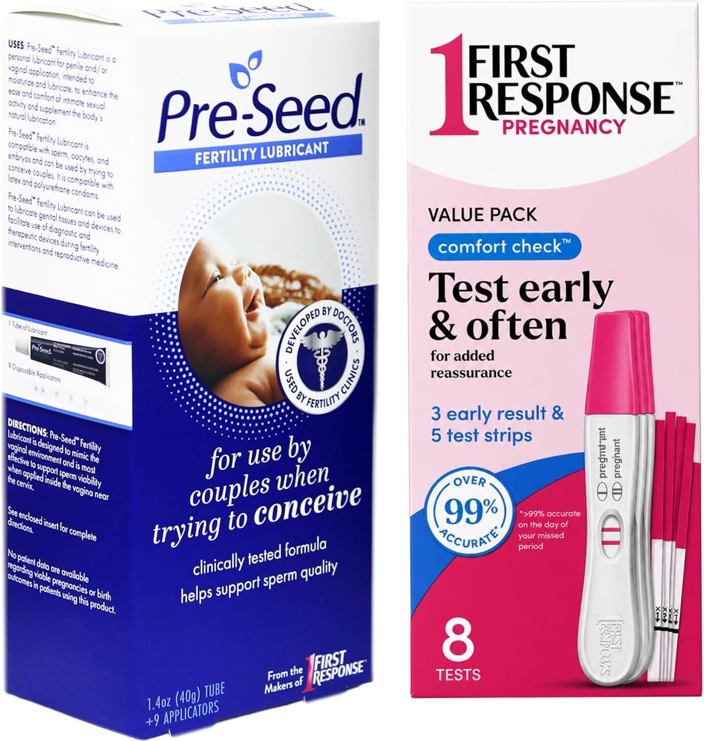 Pre-Seed Fertility Lubricant 1.4 oz with 9 Applicators + First Response Pregnancy Test Value Pack Comfort Check 8 Tests Trying to Conceive Conception to Detection Kit