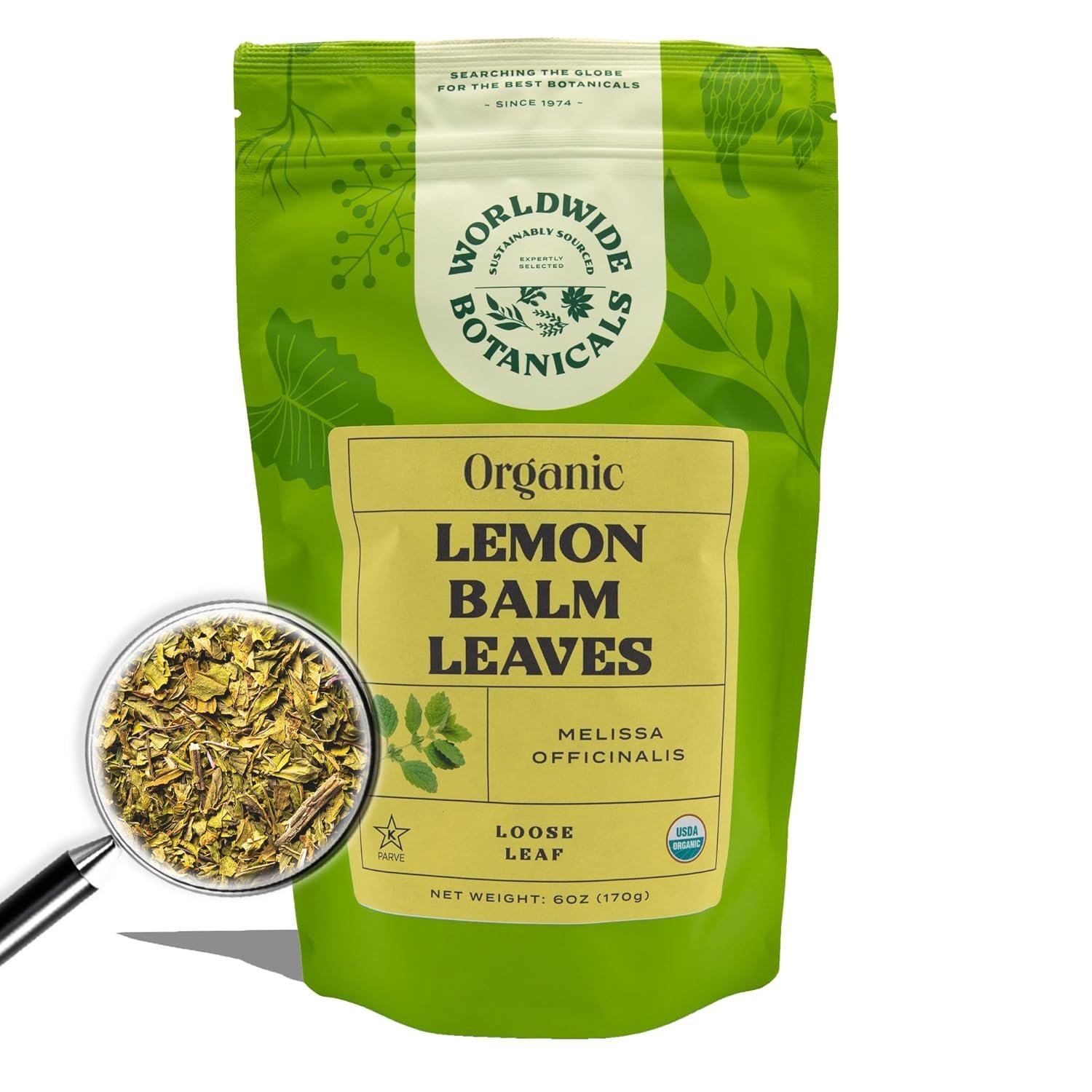 Worldwide Botanicals Organic Lemon Balm Tea, 6 Ounces – Loose Leaf Premium Herbal Tea | 100% Pure Lemon Balm Leaves | For Stress Relief and Good Digestion | Kosher