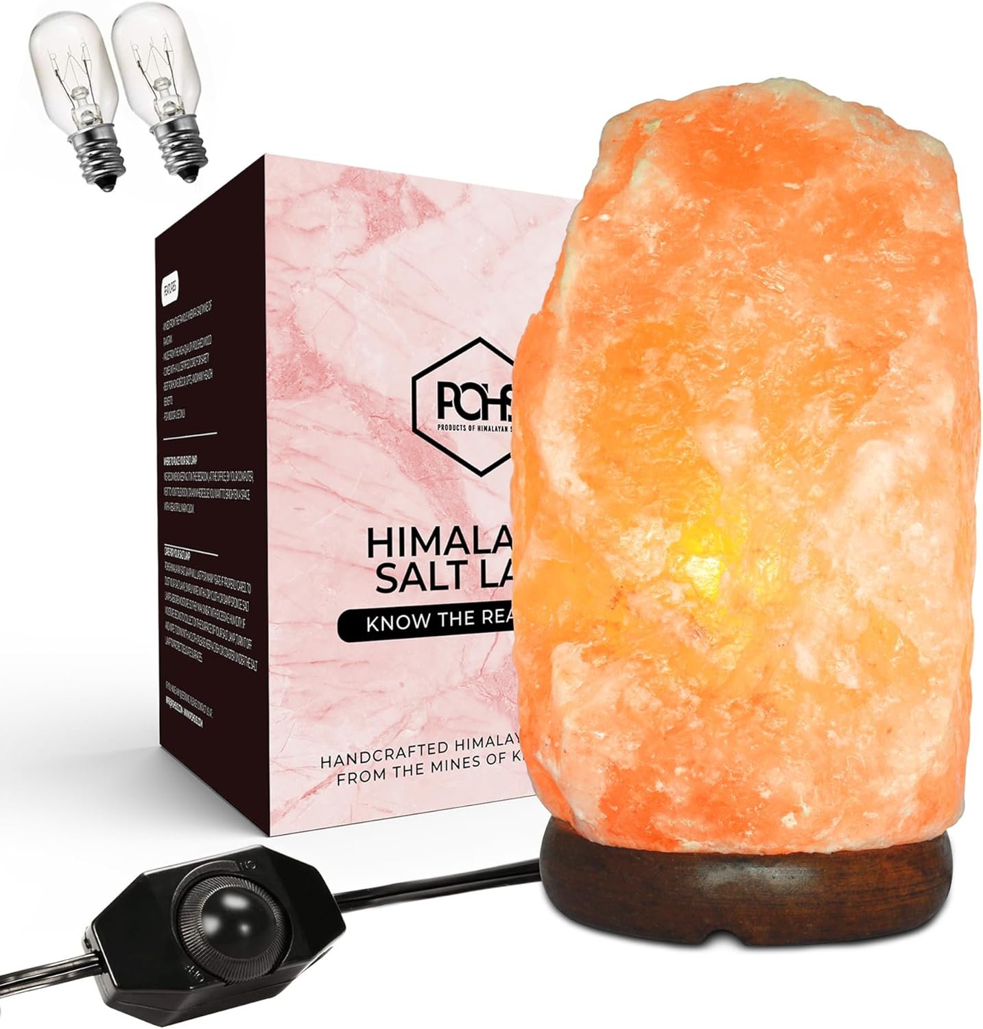 POHS 10–12 Inch Tall, 11–15 lbs Extra Large Himalayan Pink Salt Lamp | 100% Authentic Natural Hand-Carved Crystal Rock Salt Lamp with Wooden Base, Dimmable Cord & Bulb Replacement Included