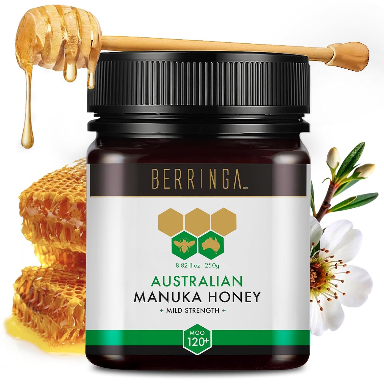 Berringa Manuka Honey MGO 120+ Mild Strength, Supports General Wellbeing & Digestive Balance – 100% Raw, Pure & Unfiltered, Sustainably Sourced from Australia (250g)