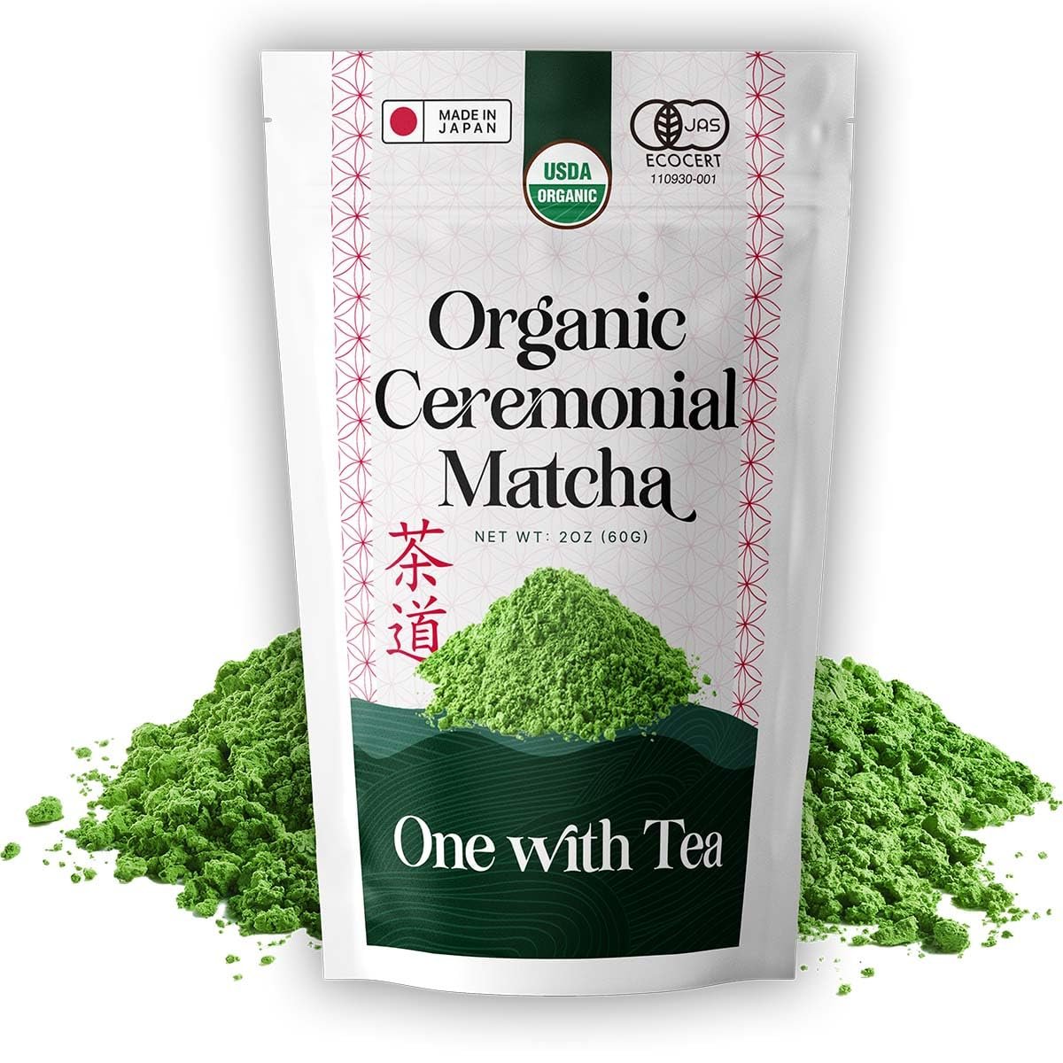 ONE WITH TEA Organic Ceremonial Matcha Powder, Stone-Ground Japanese Green Tea, Premium Grade, Made in Japan, 2 oz (60 g)