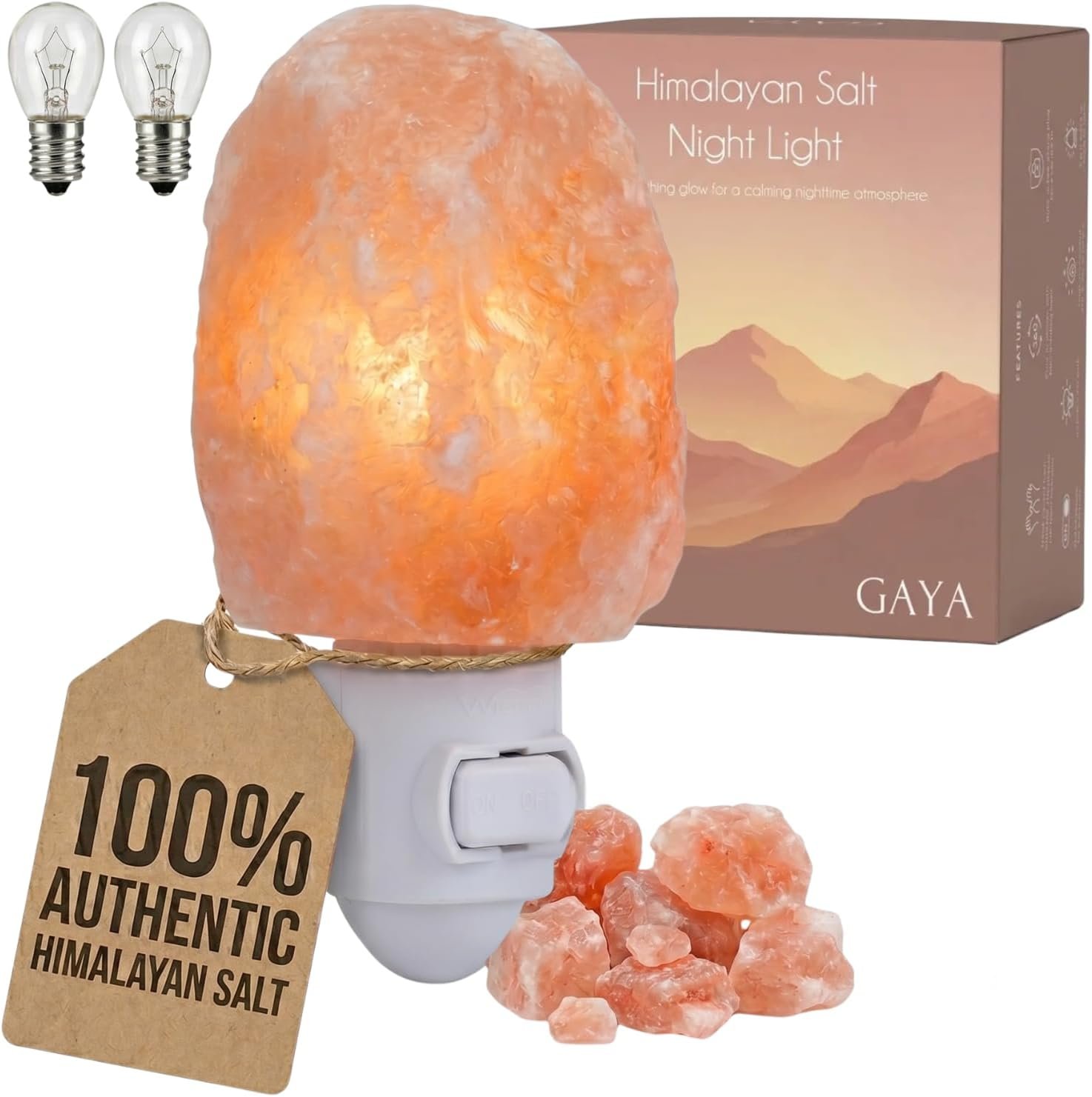 Himalayan Salt Night Light Plug In – Salt Rock Lamp for Bedroom, Bathroom & Hallway | 360 Rotating Plug | Warm Amber Glow | Calming Sleep Light | 2 Bulbs Included | Kids Safe UL Listed | Gift Ready