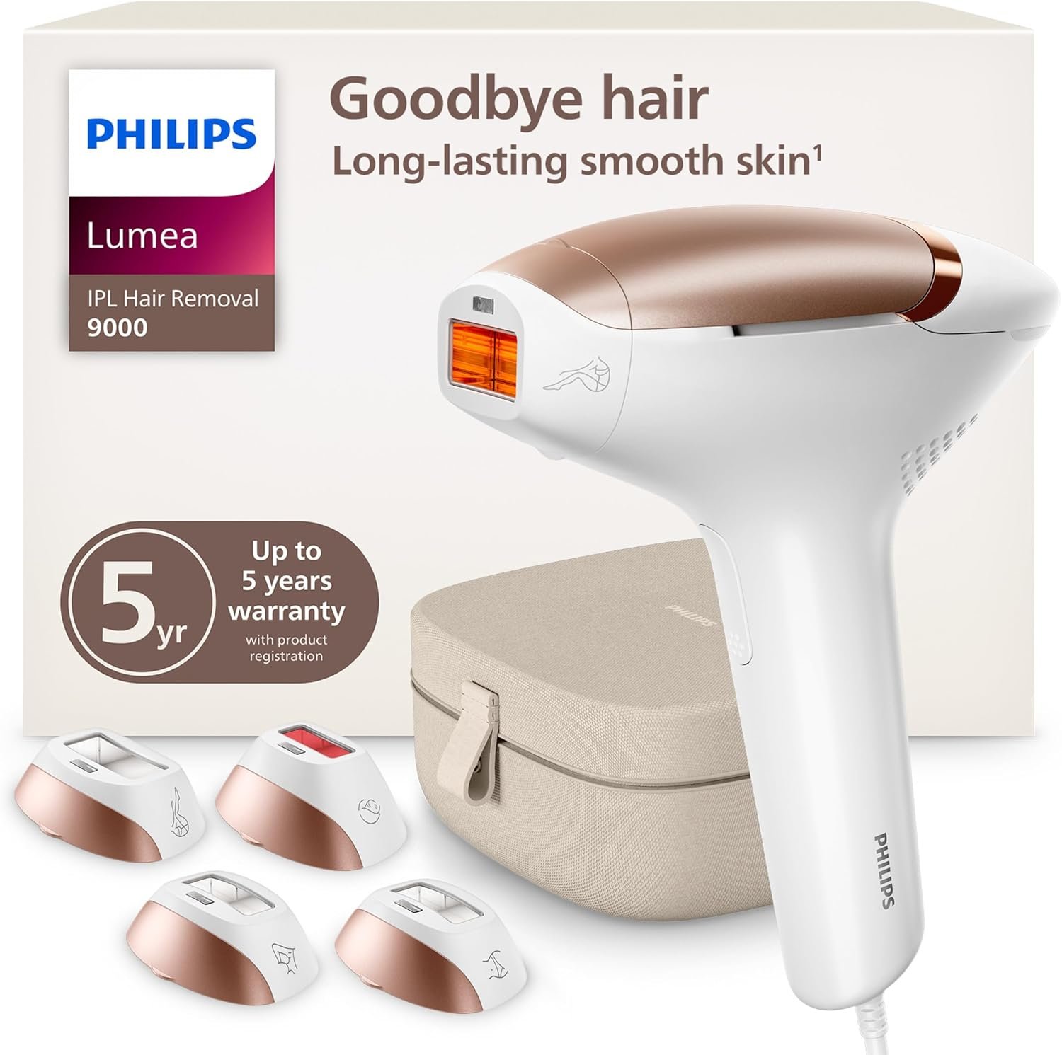 Philips Lumea 9000 Series IPL Hair Removal Device Permanent Laser Hair Reduction for Women & Men, Easy and Comfortable Use at Home, SenseIQ, 4 Attachments for Body, Face, Bikini & Underarms, BRI984/03