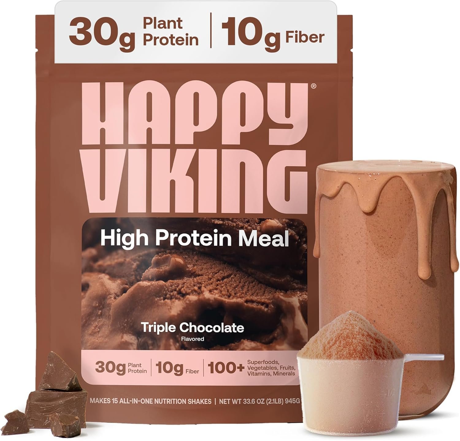 Happy Viking Plant-Based Protein Powder +100 Superfoods Chocolate Meal Replacement Shake, Created by Venus Williams, 30g Plant Protein, 10g Fiber, Vegan, Gluten-Free, Non-GMO,15 Meals