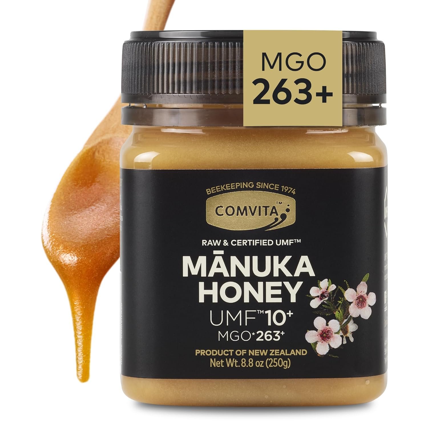 Comvita Manuka Honey UMF 10+ (MGO 263+) – Raw Manuka Honey New Zealand, Pure & Unpasteurized, Superfood for Immune Health, Use in Tea, Wild, Monofloral, Non-GMO – 250g (8.8 oz)