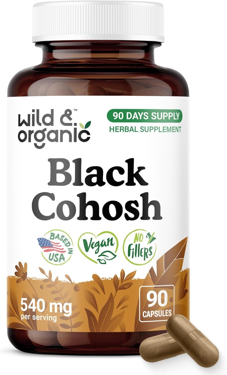 Wild & Organic Black Cohosh Capsules 540 mg – Menopause Supplements for Women – Black Cohosh for Women – Actaea Racemosa Herb – 90 Days of Supply – Vegan, No Fillers, Non-GMO – 90 Count