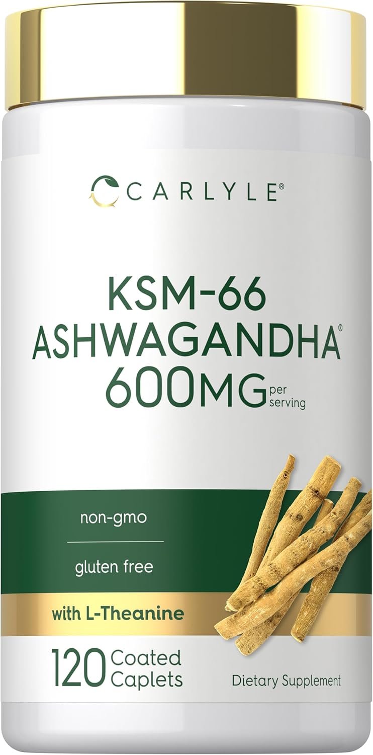 Carlyle KSM-66 Ashwagandha Root Extract 600mg | 120 Vegan Caplets | Supplement with L-Theanine | Non-GMO, Gluten Free