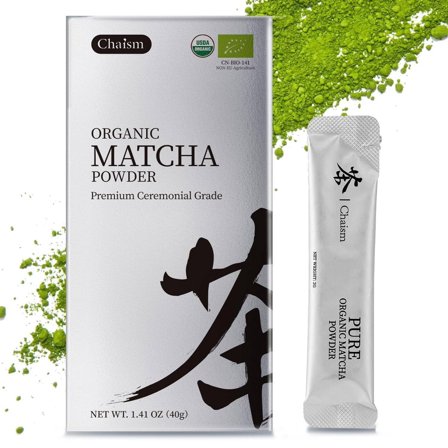 Chaism Ceremonial Grade Matcha Green Tea Powder – Single Serve Packets, Premium First Harvest USDA Organic Gluten-Free Vegan, 100% Pure (20-Packets)